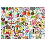 A square sticker sheet featuring a dense collection of cute, cartoon-style food, animal, and everyday objects in a colorful, playful design.