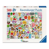 Ravensburger 500-piece jigsaw puzzle box featuring a colorful grid of cute cartoon food, drink, and everyday objects on a white box with blue branding.