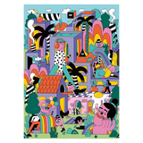 A colorful, whimsical pop-art style illustration featuring multiple cartoon characters, buildings, palm trees, and abstract shapes in a busy urban landscape. The artwork fills most of the frame and is presented against a light gray background.