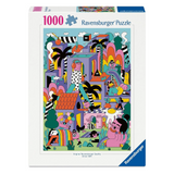 Ravensburger 1000-piece jigsaw puzzle box featuring a colorful retro-style cartoon illustration with houses, palm trees, and playful figures. The white box has blue and pink branding and is photographed on a clean white background.