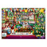 A colorful jigsaw puzzle depicting a festive Disney-themed holiday shop interior, with a decorated Christmas tree, seating area, shelves of merchandise, and Disney characters hanging throughout. The puzzle is shown against a plain white background.