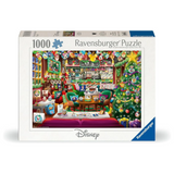 A Ravensburger 1000-piece jigsaw puzzle box featuring a colorful Disney-themed holiday shop scene with a decorated Christmas tree, seating area, shelves, and festive details. The box is photographed on a clean white background.