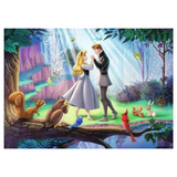 A colorful fantasy forest illustration featuring a blonde woman in a white gown and a man in a black tunic dancing in the center, surrounded by woodland animals including a squirrel, owl, bluebird, red cardinal, rabbit, and a tree.