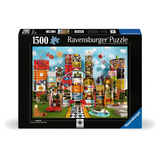 Ravensburger 1500-piece jigsaw puzzle box featuring a colorful collage-style cityscape illustration on a black background with blue brand panels.