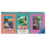 Ravensburger 3-piece jigsaw puzzle box featuring three colorful art scenes: a woman reading by the sea, a woman and dog at a cafe, and a woman in a flamingo boat on a lake.