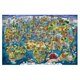 A colorful illustrated world map poster featuring cartoon landmarks, ships, animals, and cultural symbols on a blue ocean background.