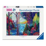 A Ravensburger 1000-piece jigsaw puzzle box featuring a colorful forest landscape illustration with blue water, red and purple trees, and a bright sky.