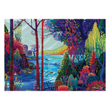A colorful landscape art print depicting a vibrant forest scene with a river, stylized trees, and foliage in a rich palette of blue, purple, red, green, and yellow.