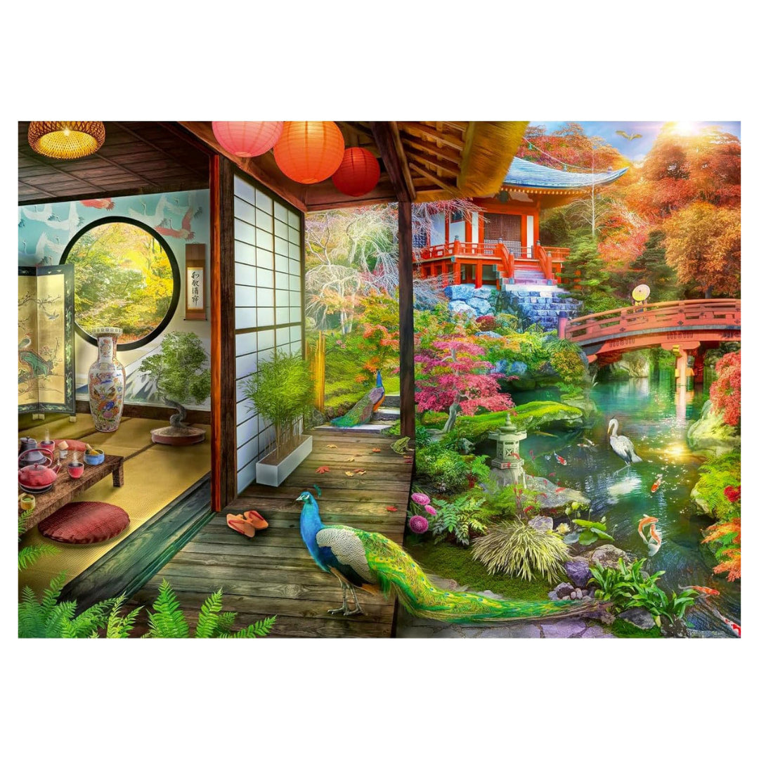 Decorative wall mural of a Japanese garden with a peacock, lanterns, and a pagoda.