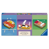 Ravensburger Puzzle box featuring three illustrated food puzzles: a bacon sandwich on an easel, cute cartoon sushi characters under a dome, and sushi on a board. The front of the box shows the Ravensburger brand and the text '3 x 100 PC'.