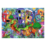 A vibrant, colorful whimsical illustration featuring stylized buildings, lush foliage, and playful musical instruments, presented on a white background.