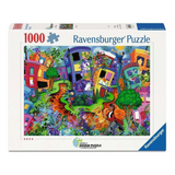 A 1000-piece Ravensburger jigsaw puzzle box featuring a colorful whimsical illustration of a garden village with houses, trees, and playful characters. The white box has blue and red branding elements and is photographed on a clean white background.