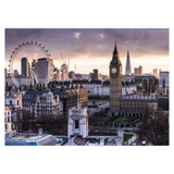 A scenic photograph of London's skyline at dusk, featuring Big Ben, the London Eye, and surrounding historic buildings under a dramatic cloudy sky.