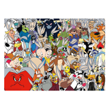 A square art print featuring a dense, crowded collage of classic Looney Tunes cartoon characters, including Bugs Bunny, Tweety, Daffy Duck, and others, set against a plain white background.