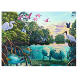 A colorful nature scene artwork showing a swamp or riverbank with white herons, pink flamingos flying and standing, blue fish, manatees in shallow water, mangrove roots, and a pastel sky.