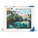 Ravensburger 500-piece jigsaw puzzle box featuring a colorful nature scene with birds, manatees, fish, and a river landscape.