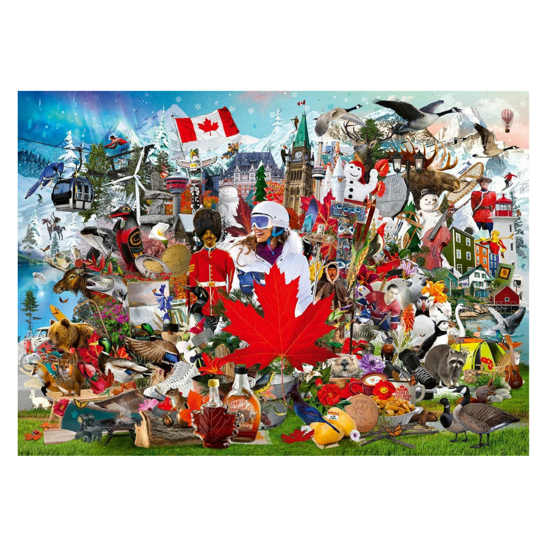 Collage of Canadian-themed images including a maple leaf, flag, and various elements.