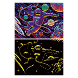 A two-panel cosmic illustration featuring an astronaut floating among planets and stars, with a full-color top panel and a black-and-yellow neon-style bottom panel.