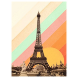 A retro-style poster print of the Eiffel Tower, featuring a sepia-toned tower and classical statue against a background of diagonal pastel stripes in cream, mint green, pink, orange, and yellow.