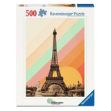 Ravensburger 500-piece jigsaw puzzle box featuring a retro-style illustration of the Eiffel Tower with diagonal pastel rainbow stripes and a yellow sun.