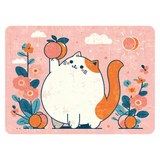 A square decorative print or card featuring a cute cartoon cat sitting on a pink background with flowers, leaves, sun, clouds, and peaches. The cat is mostly white with orange patches, and the artwork uses teal, coral, and peach tones.