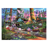 A colorful fantasy illustration featuring various Pokémon characters in a surreal, overgrown cityscape with towers, wires, water lilies, and dramatic pink, purple, and blue sky.