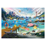 A colorful illustrated scene featuring many Pokémon characters gathered by a wooden dock in a mountainous coastal town. The artwork shows water, mountains, sky, boats, and numerous small characters in a playful outdoor setting.