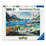 Ravensburger 1000-piece Pokémon Collector's Edition jigsaw puzzle box, featuring a colorful illustration of various Pokémon in a coastal scene with water, mountains, and a dock.