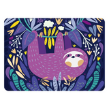A square decorative print or card featuring a whimsical illustration of a purple sloth hanging among colorful stylized leaves and flowers on a dark navy background.