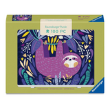 Ravensburger 100-piece jigsaw puzzle box featuring a colorful illustration of a sloth hanging among plants on a light olive green background.