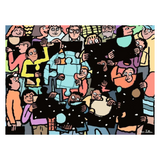 A colorful, hand-drawn illustration of a crowded group of people holding black cloths with white polka dots, rendered in a playful, graphic art style with a white border around the artwork.