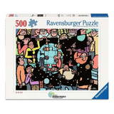A 500-piece Ravensburger jigsaw puzzle box featuring a colorful, crowded illustration of people. The white box has blue branding and text, with the Ravensburger brand name clearly visible.