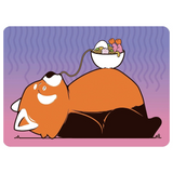 A stylized illustration of a red panda lying down with its back to the viewer, holding a bowl of food on its back. The background is a purple-to-pink gradient with wavy lines.