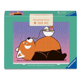 Ravensburger 100-piece jigsaw puzzle box featuring a cartoon red panda lying on its back with a bowl of flowers on its belly, set against a teal and purple background.