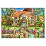 A colorful illustrated scene of a cottage surrounded by a lush garden, flowers, trees, and a stone path, with a small cat and child in the foreground. The artwork appears to be the product itself rather than a photo of a physical framed item, so this fits Scenery.