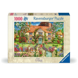 Ravensburger 1000-piece jigsaw puzzle box for Rose Cottage, featuring a colorful illustration of a quaint cottage with a lush garden and stone path.