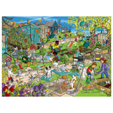 A colorful illustrated garden scene with people gardening, flowers, plants, tools, and animals, signed by Sarah Johnston. This appears to be the artwork itself rather than a photo of a physical product in packaging, so Scenery fits best because the depicted scene is the product being shown.