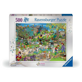 A 500-piece Ravensburger jigsaw puzzle box featuring a colorful busy garden scene with people gardening, flowers, tools, and animals. The white box has blue branding and the text '500 Ravensburger Puzzle' on the front.