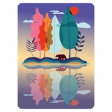 A stylized landscape art print featuring a small island with colorful trees, a bear, clouds, and a reflection in calm water under a purple sky.