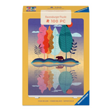 Ravensburger 100-piece jigsaw puzzle box featuring a colorful illustration of stylized trees on a small island with a bear and their reflection in water, set against a yellow-orange box background.