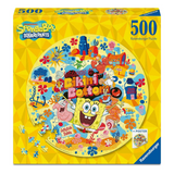 Ravensburger SpongeBob SquarePants 500-piece jigsaw puzzle box featuring a colorful 'Welcome to Bikini Bottom' illustration on the front, with SpongeBob, Patrick, and other characters on a bright yellow background.