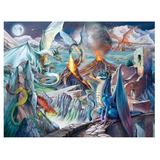 A fantasy landscape artwork showing multiple dragons in a mountainous scene with a volcano erupting, ruins, snowy peaks, and a moonlit sky. The scene appears to be the product itself rather than a photo of a physical object in a room, so this fits Scenery.