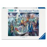 A 2000-piece Ravensburger jigsaw puzzle box featuring a fantasy illustration of dragons, mountains, and an volcano. The white box has blue branding and a diagonal Ravensburger logo on the side.