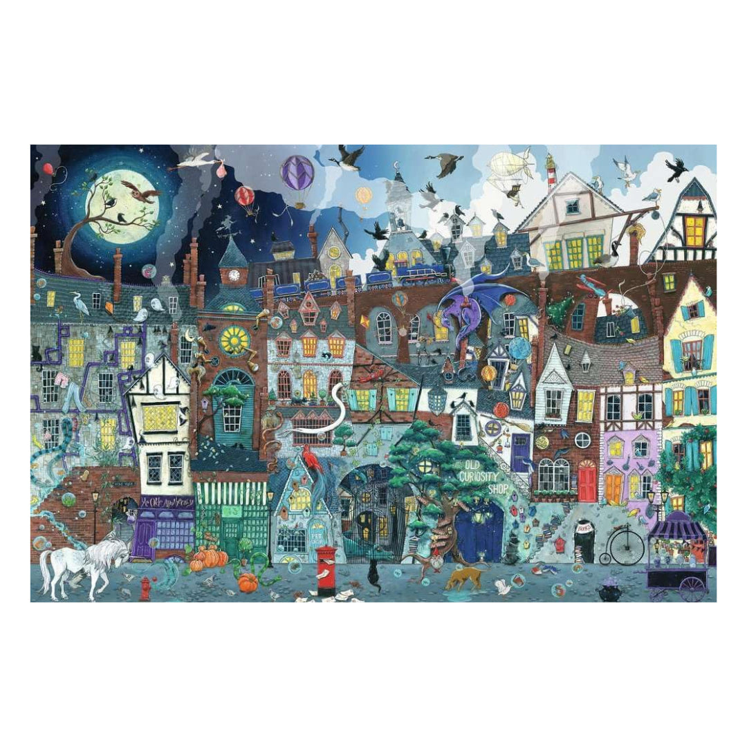 Colorful illustration of a whimsical town scene with various buildings and characters.