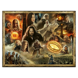 A framed collage poster featuring characters and scenes from Lord of the Rings, including Frodo, Sam, Gollum, Saruman, the One Ring, and the Battle of the Ring, shown against a dark dramatic background.