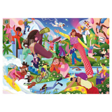 A colorful illustrated scene filled with many people in various playful activities, including surfing, dancing, cycling, flying, and relaxing outdoors. The artwork is highly vibrant and busy, with no single product isolated against a plain background.