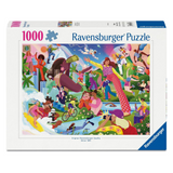 Ravensburger 1000-piece jigsaw puzzle box featuring a colorful, lively illustration of people engaging in outdoor activities across a bright landscape.