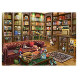 A cozy, detailed library interior scene with tall wooden bookshelves filled with books, a red leather sofa, a green coffee table with books and objects, a patterned rug, and two dogs in the room.