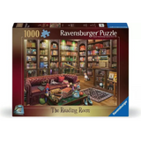 Ravensburger 1000-piece jigsaw puzzle box titled 'The Reading Room', featuring an illustration of a cozy library scene with bookshelves, a leather sofa, and reading figures.