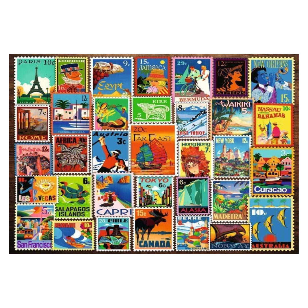 Collection of colorful postage stamps with various designs and locations on a white background